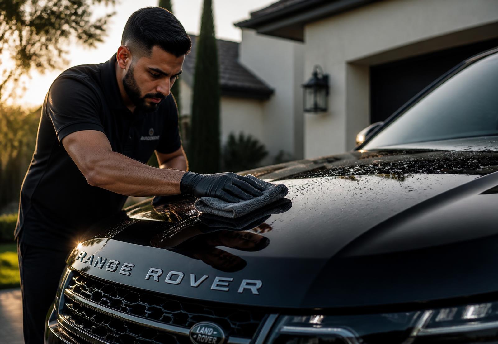 Mobile detailer hand-polishing a black SUV in an Edmonton South driveway